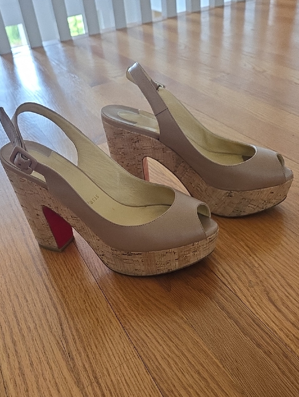 Christian Louboutin Taupe Peep-Toe Cork Platform Slingbacks